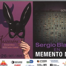 Advertising postcard for the theatrical productions, Tres eces Cruz, La travesía, Kassandra, and Memento Mori